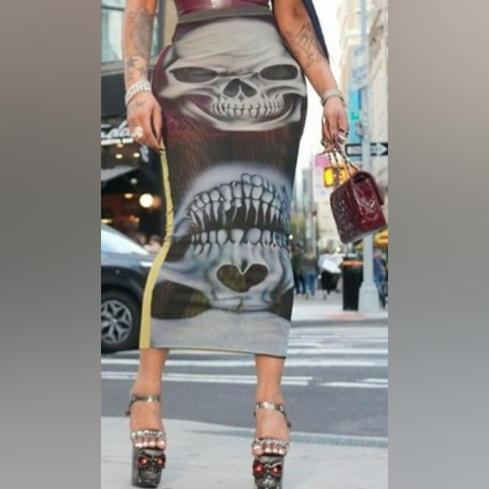 New Gray & Gold Sheer Gothic Skulls Bodycon Maxi Skirt Women's Size L
